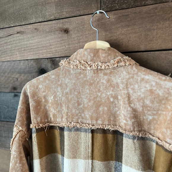 Mystree Fringe Edge Plaid Shacket – Camel & Mustard Oversized Button-Up - Picture 8 of 8